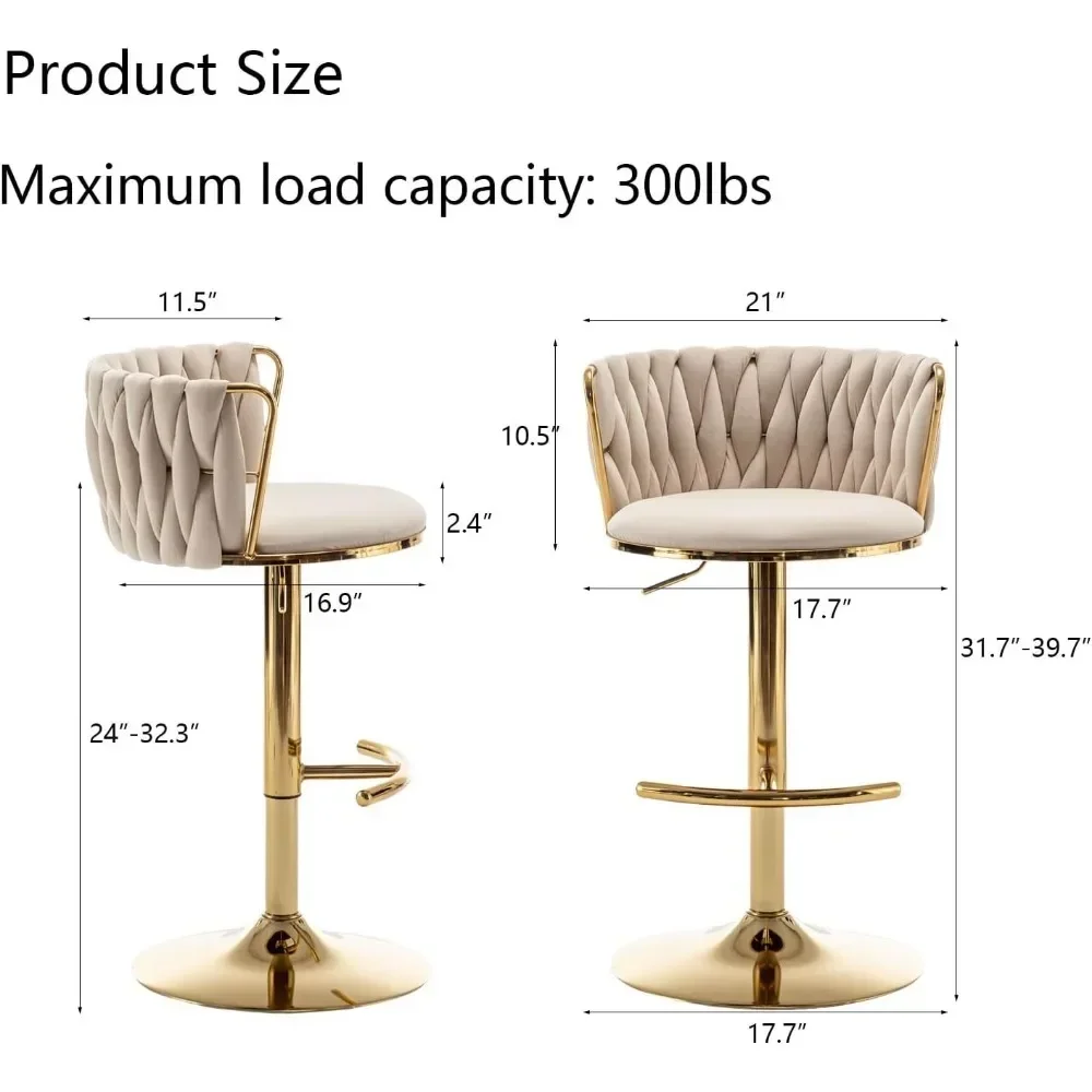 Woven Bar Stools Set of 4, Counter Height Bar Stools with Low Back, Gold Swivel Bar Stools for Kitchen Island