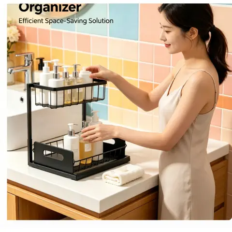 Household Pull Out Under Sink Shelf 2 Layer Sliding Storage Rack Practical Organizer For Kitchen Bathroom Cabinet