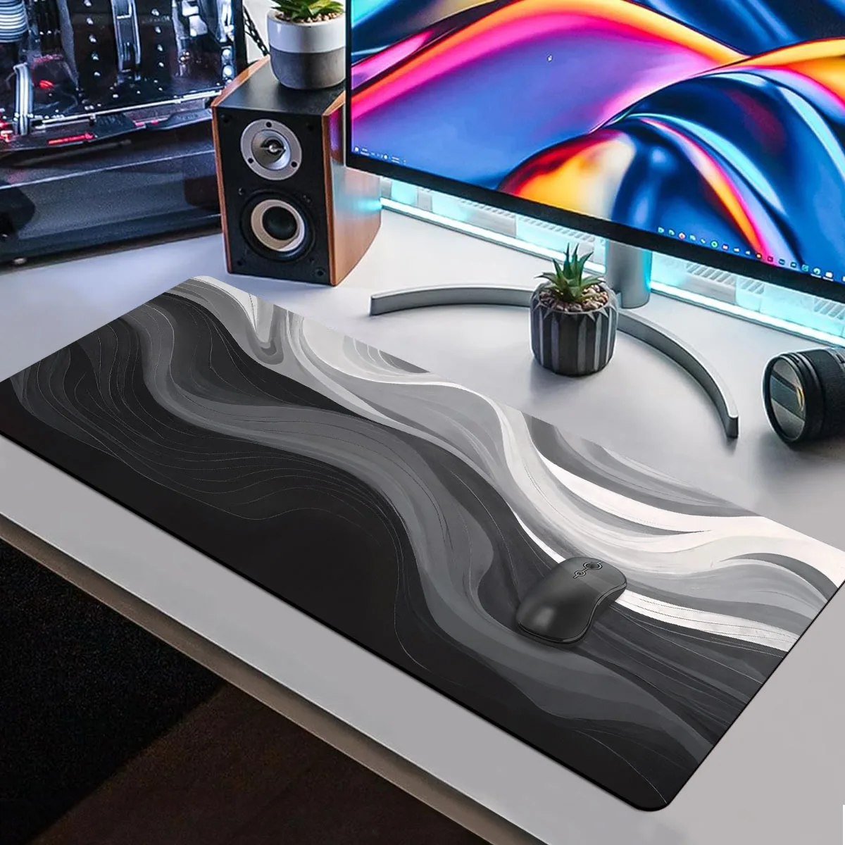 

1 шт. удлиненный коврик для игровой мыши и клавиатуры для настольного ПК — черный, белый и серый с абстрактным узором