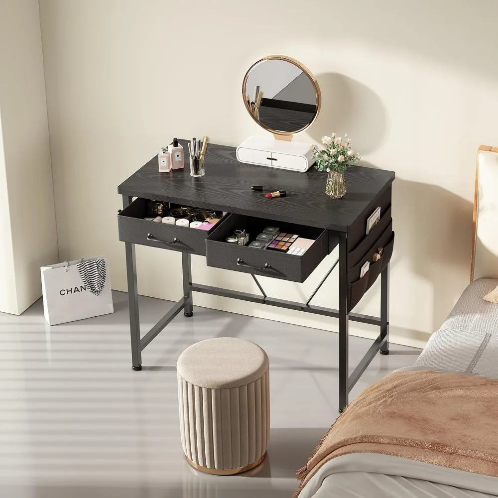 Compact 31.5 Inch Desk with Drawers, Metal Frame, Modern Small Office Computer Table, Black, Space-Saving Furniture for Home Off
