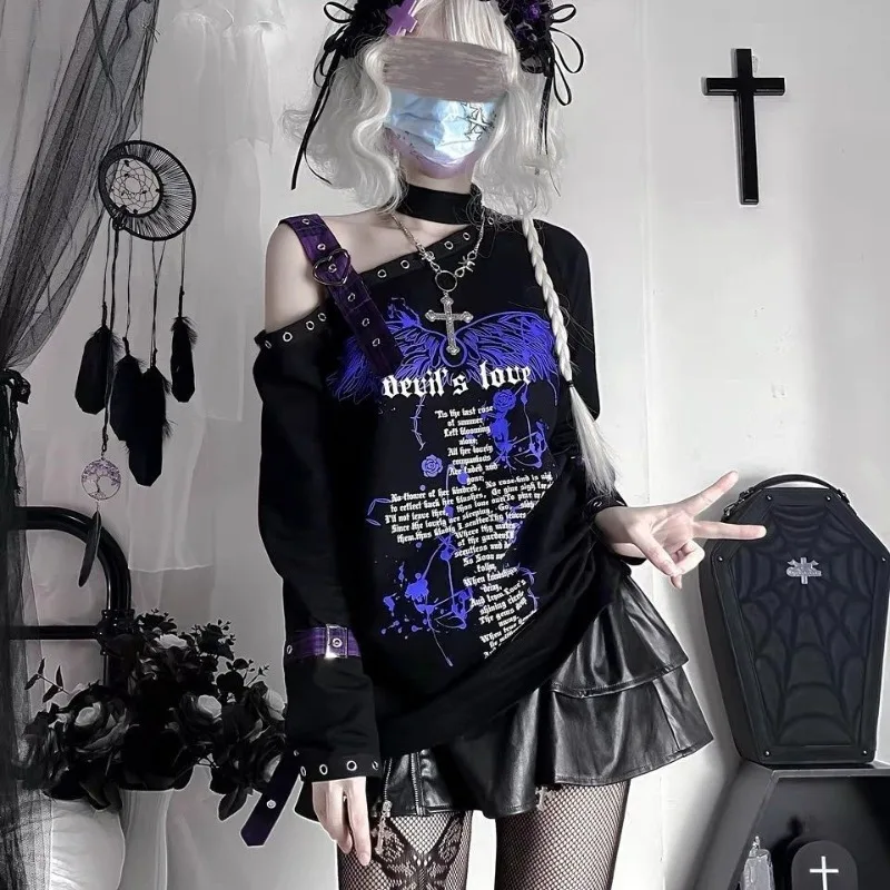 Plus Size Subculture Punk Gothic Y2K T-shirt 2000s Chic Tees Off Shoulder Long Sleeve Top Women Yabi Hottie Dark Vintage Clothes