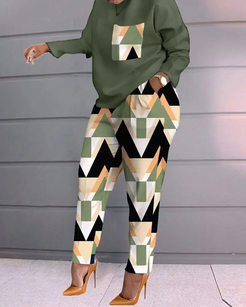 2 Piece Sets Woman Outfit,Women\'s Print Two Piece Set, O-neck Casual Long Sleeve T-shirt, Top And Pants, 2-piece, Spring, 2024,