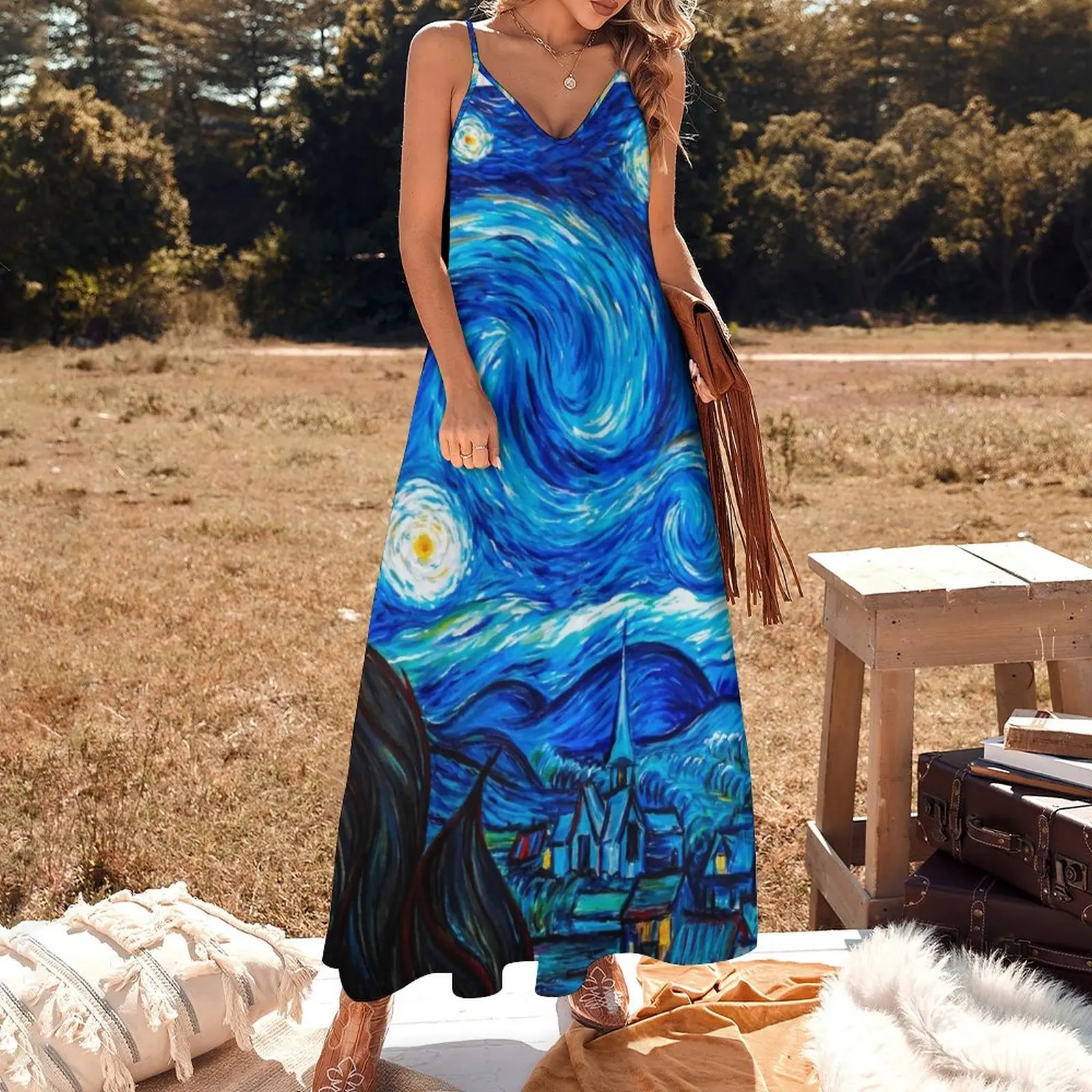 Starry Night Gifts - Vincent Van Gogh Classic Masterpiece Painting Gift Ideas for Art Lovers of Fine Classical  Sleeveless Dress