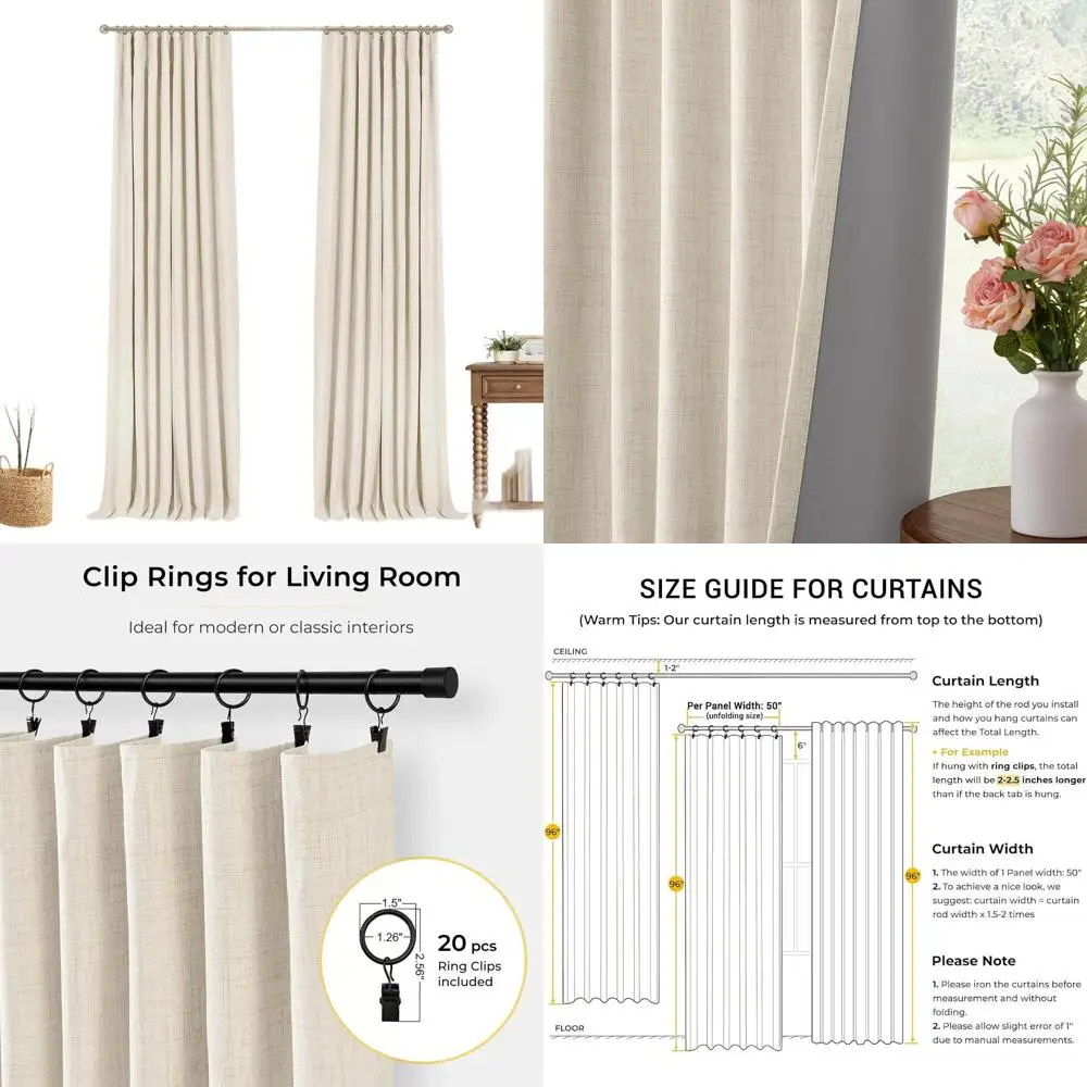 ผ้าม่านกันแสงแบบมีฉนวนกันความร้อน รุ่นครีม 96 ลินิน ชุด 2 ชิ้น สำหรับห้องนอนและห้องนั่งเล่น