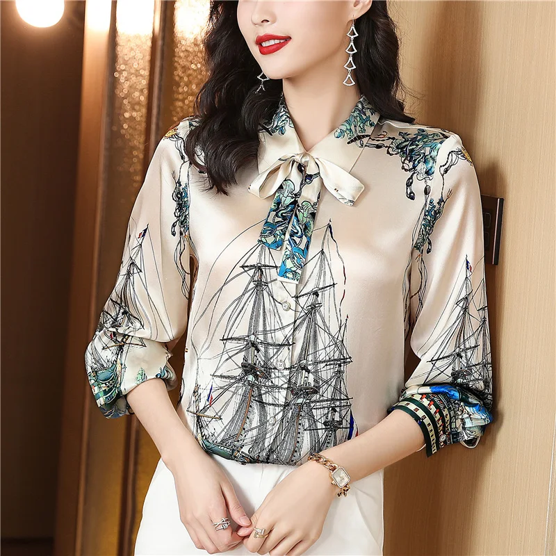 Elegant Bow Boat Print Satin Silk Shirts Women Tops Long Sleeve Work Blouses Casual Spring Autumn Ladies Fashion Party Shirts