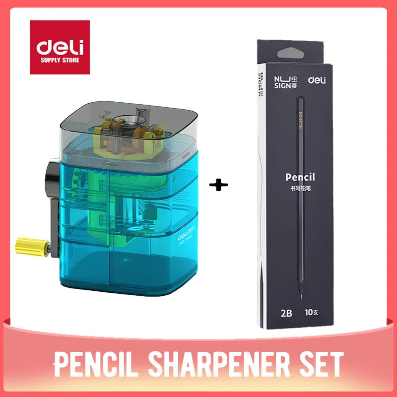 Deli Rotary Pencil Sharpener Set Transparent Colors Wood Graphite 2B Student writing test drawing Pencil