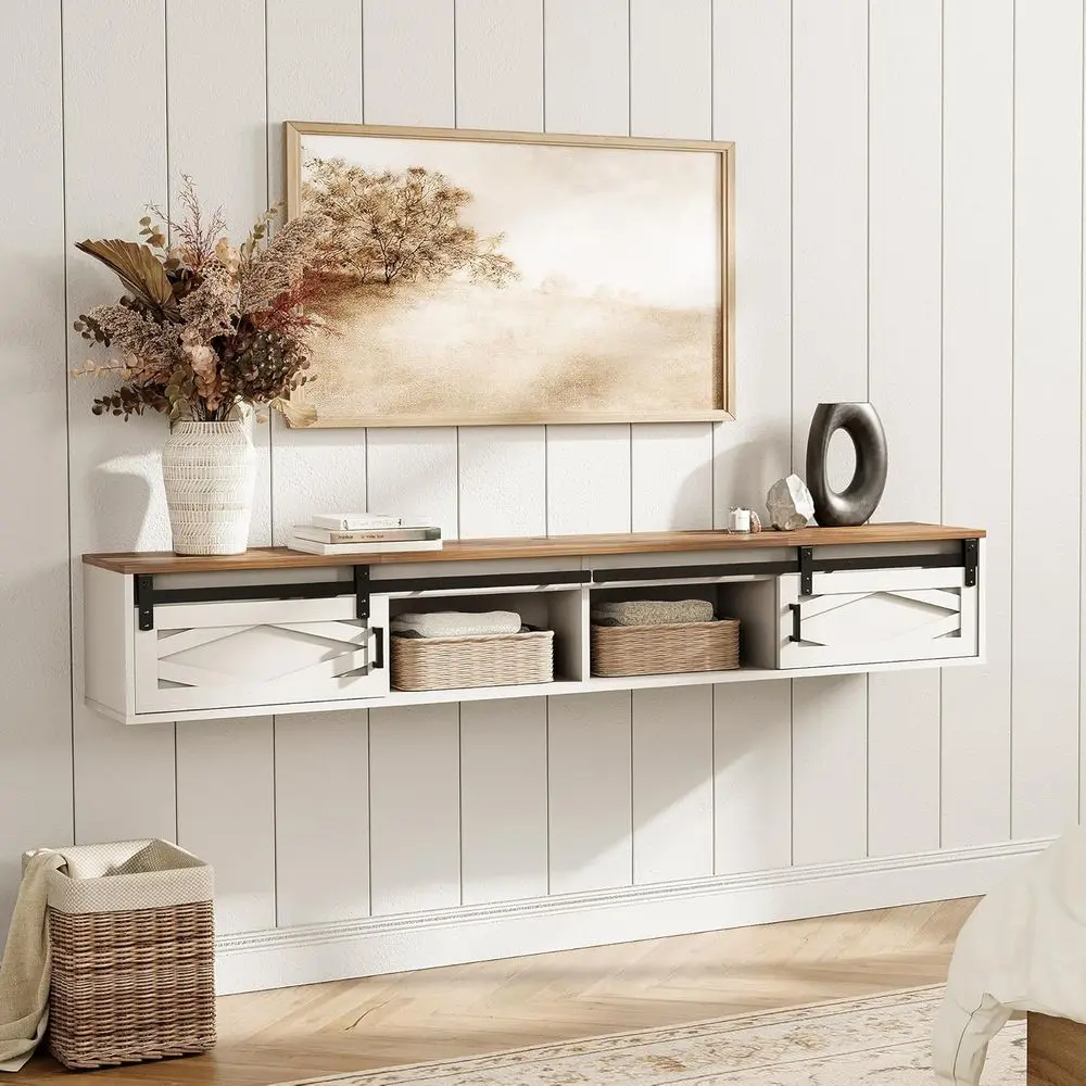 

Up to 80 Antique White Wood TV Stand with Charging Station and Sliding Barn Door Shelf