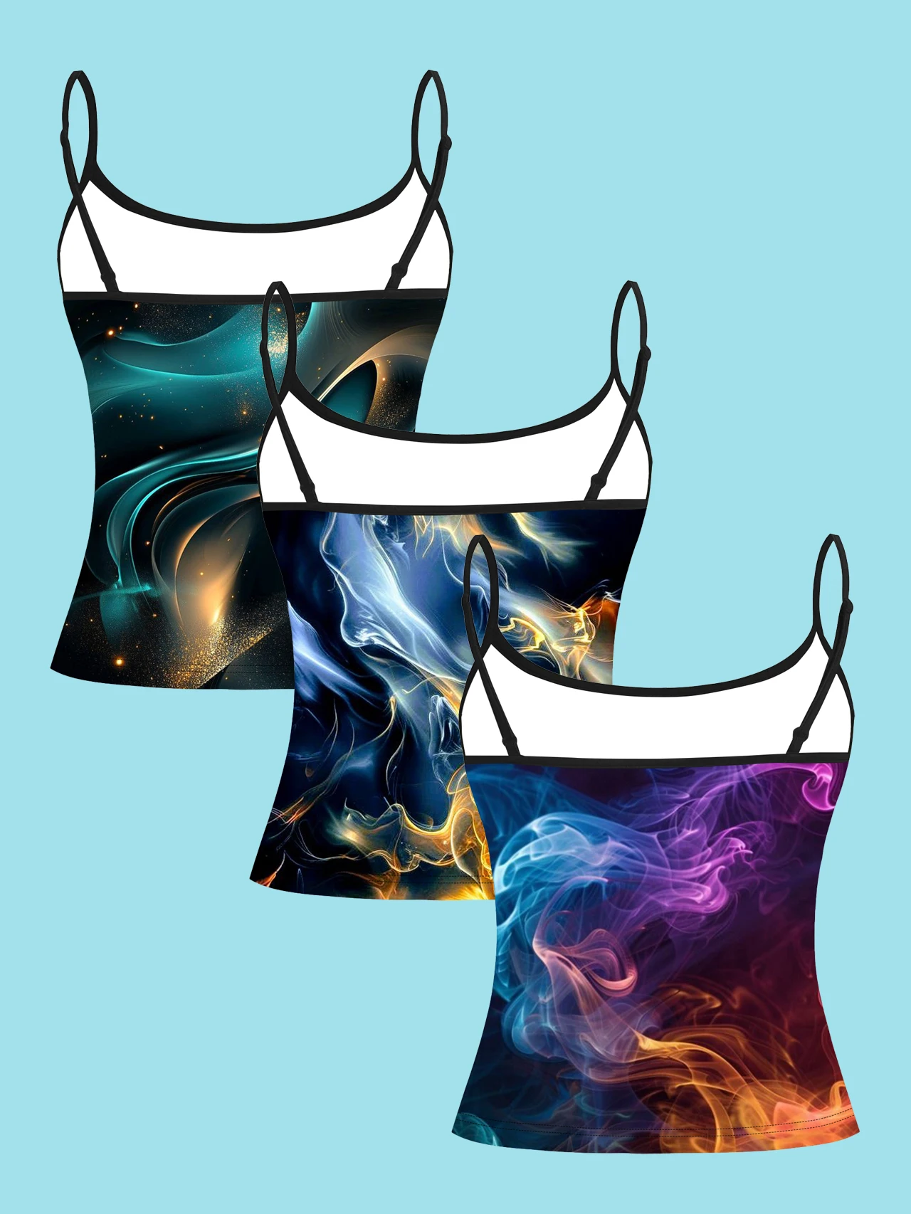 3-Piece Set of Gilded Smoke Flow Print Camisole Tops for Women, Dark Base with Gold Powder Particles Smoke Pattern, Slim-Fit Spaghetti Strap Inner Tops