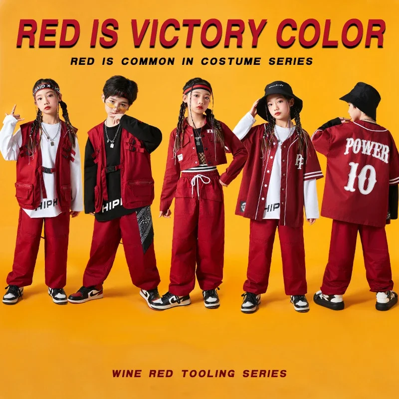 Red Series Hip Hop Dance Costume For Kids Jazz Performance Clothes Girls Kpop Outfit Boys Street Dance Drum Stage Wear BL10109