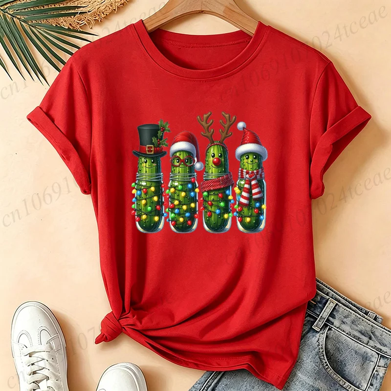 Women Funny Christmas Pickle T‑Shirts Cute Holiday Cucumber With Lights Print Short Sleeve Casual Tops Xmas Holiday Gift Tees