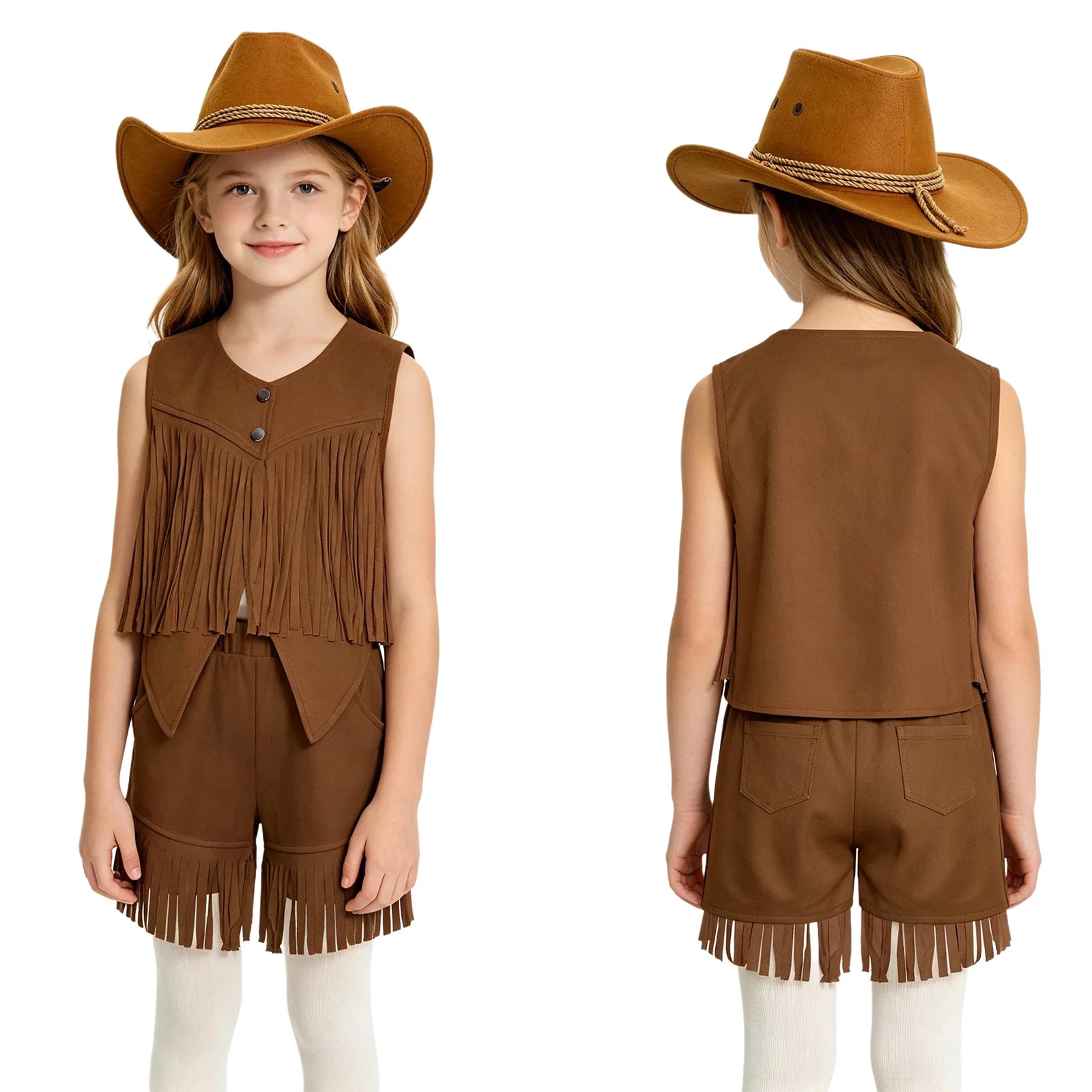 Kids Girls Boys 3Pieces Cowgirl Cowboy Costume Sleeveless Irregular Hem Press Buttons Faux Suede Fringe Vest+Shorts+Hat Set view 4