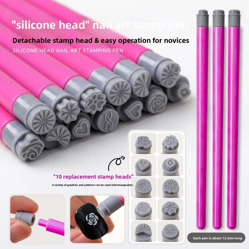 Nail Stamp Transfer Pen Replaceable Press Printing Template Silicone Head Nail Art Tool Painting Stamping Manicure Supplies