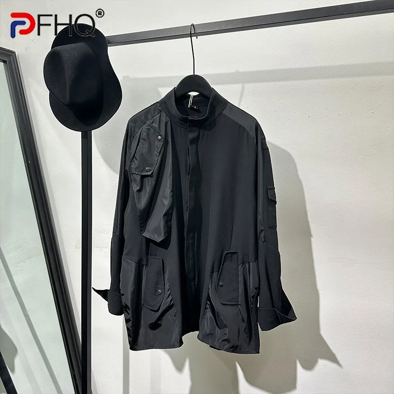 PFHQ Men\'s Multiple Pockets Function Shirts Standing Collar Long Sleeved Niche Streetwear Male Personality Tops Summer 21Z4385