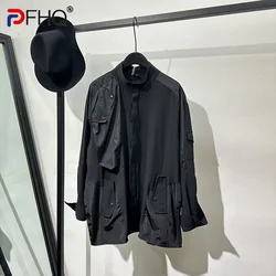 PFHQ Men's Multiple Pockets Function Shirts Standing Collar Long Sleeved Niche Streetwear Male Personality Tops Summer 21Z4385