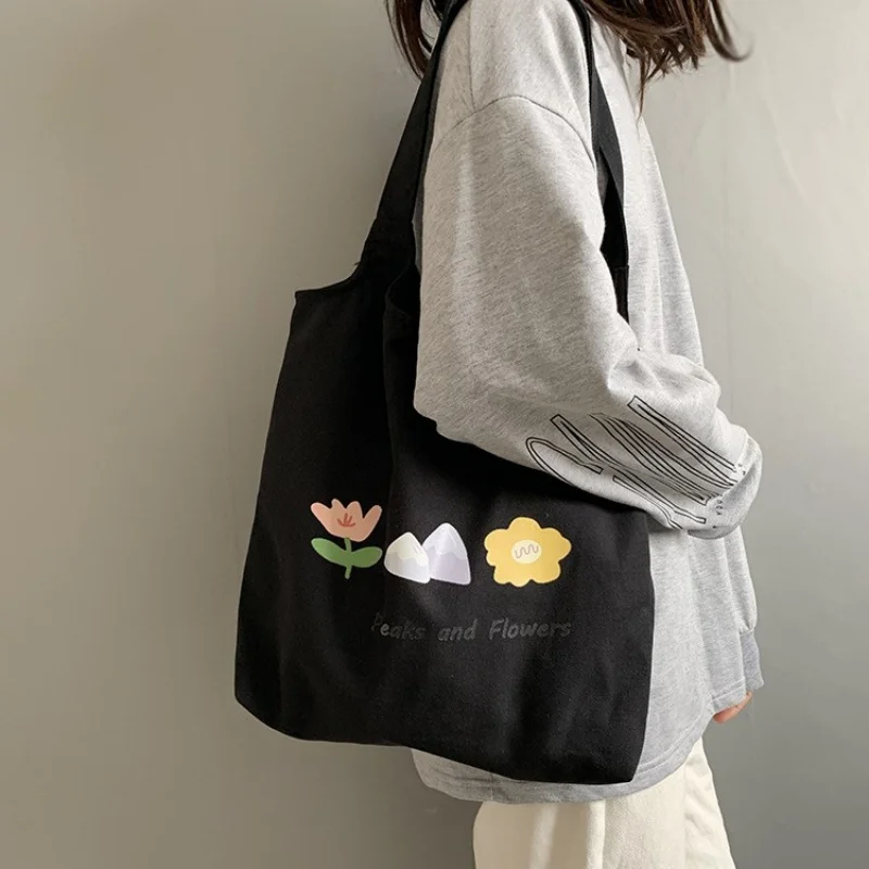 Floral Fruit Dog Printing Large Capacity Canvas Tote Bag Reusable Foldable Cotton Canvas Shopping Bag