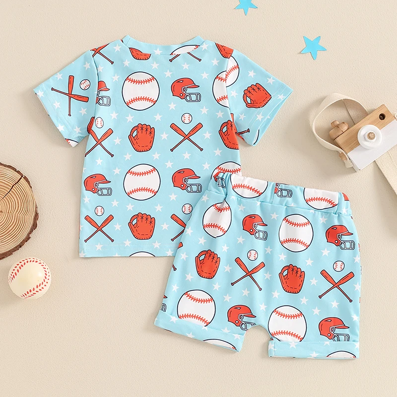 2024-04-05 Lioraitiin Summer Toddler Baby Boys Shorts Sets Short Sleeve Baseball Print Tops and Drawstring Shorts Sets 2PCS