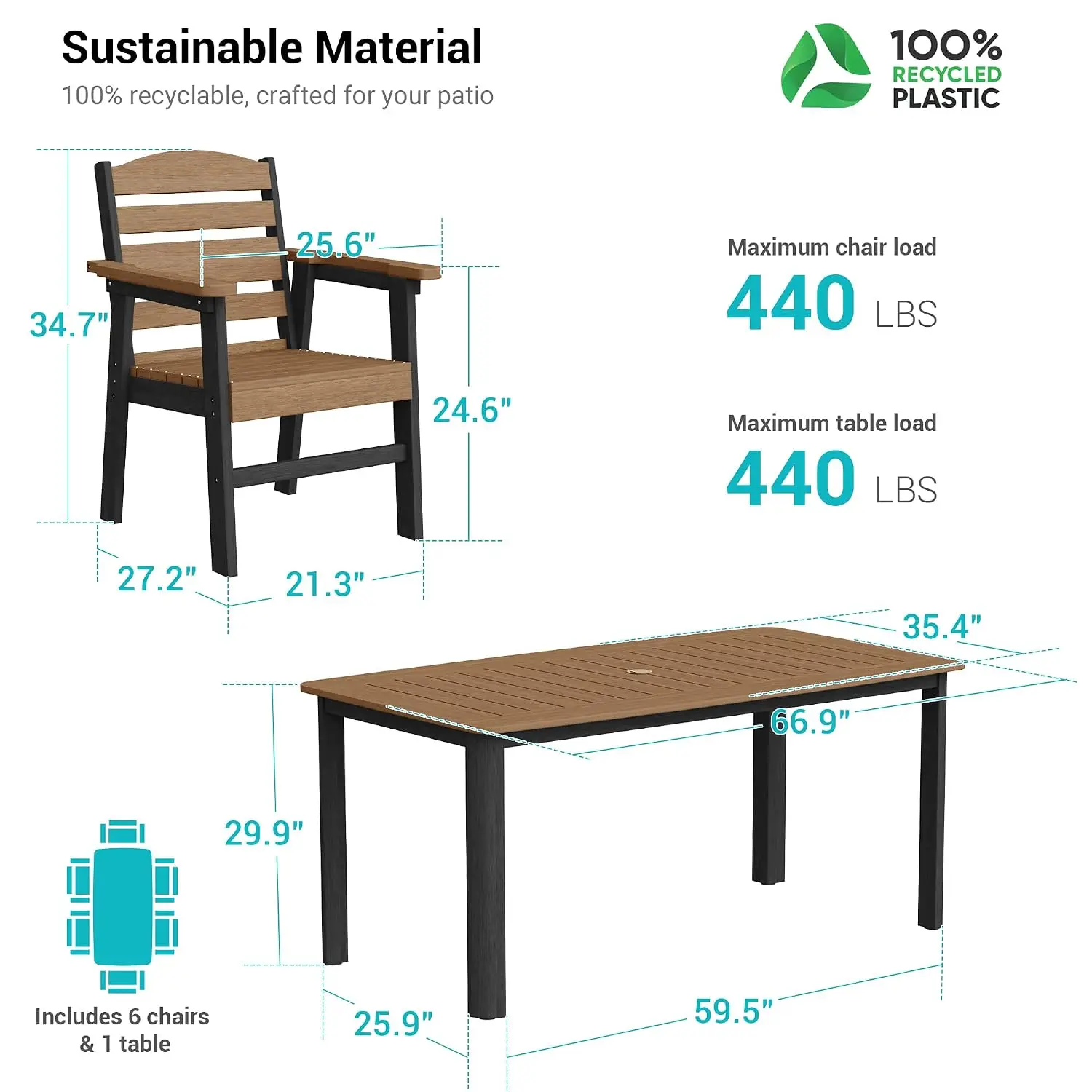 7-Piece HDPE Outdoor Dining Set for 6, Outdoor Table and Chairs, Customized