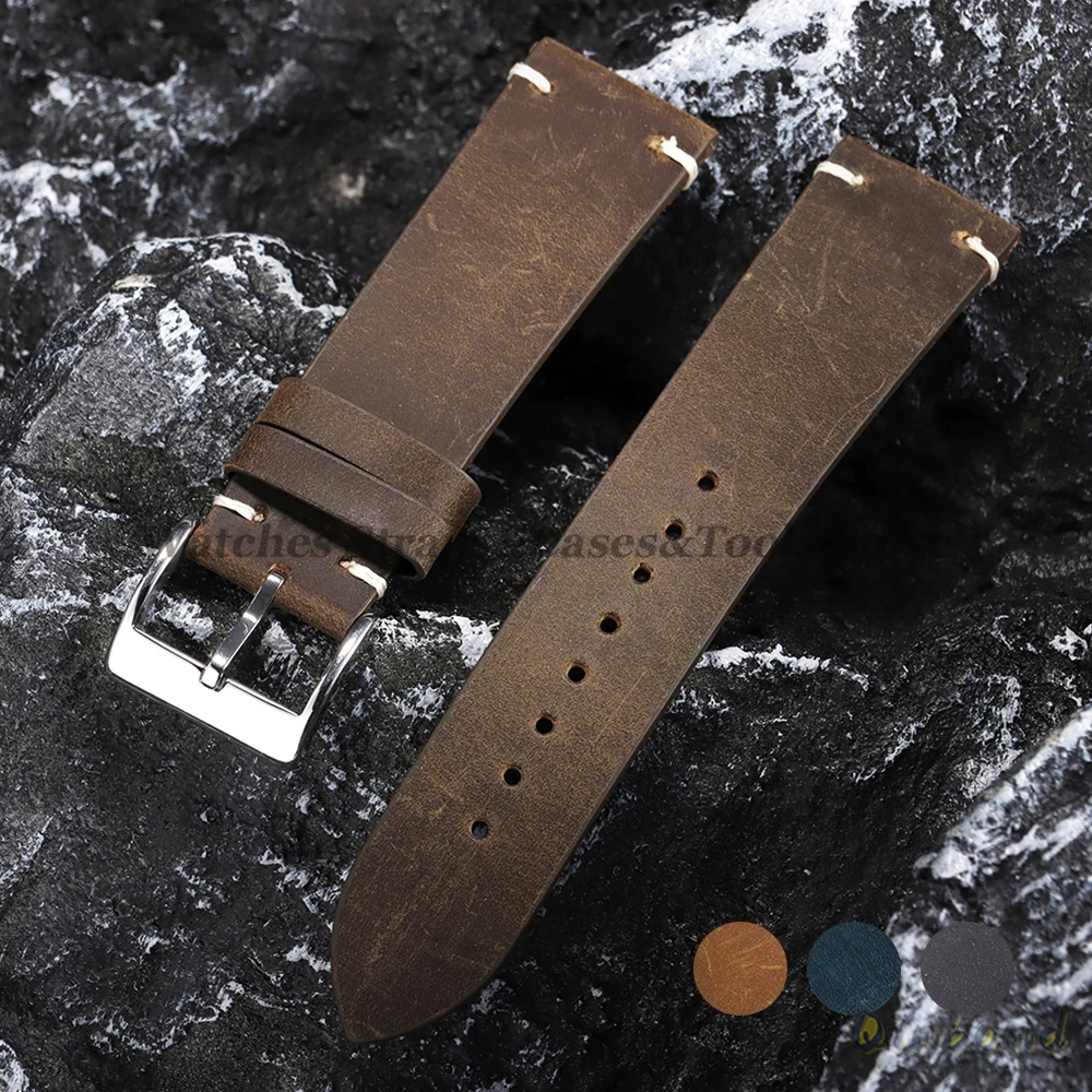 Oil Wax Leather Watchband Brown 18mm 20mm 21mm 22mm Soft Men's Vintage Bracelet Handmade Stitching Cowhide Strap for Omega Watch