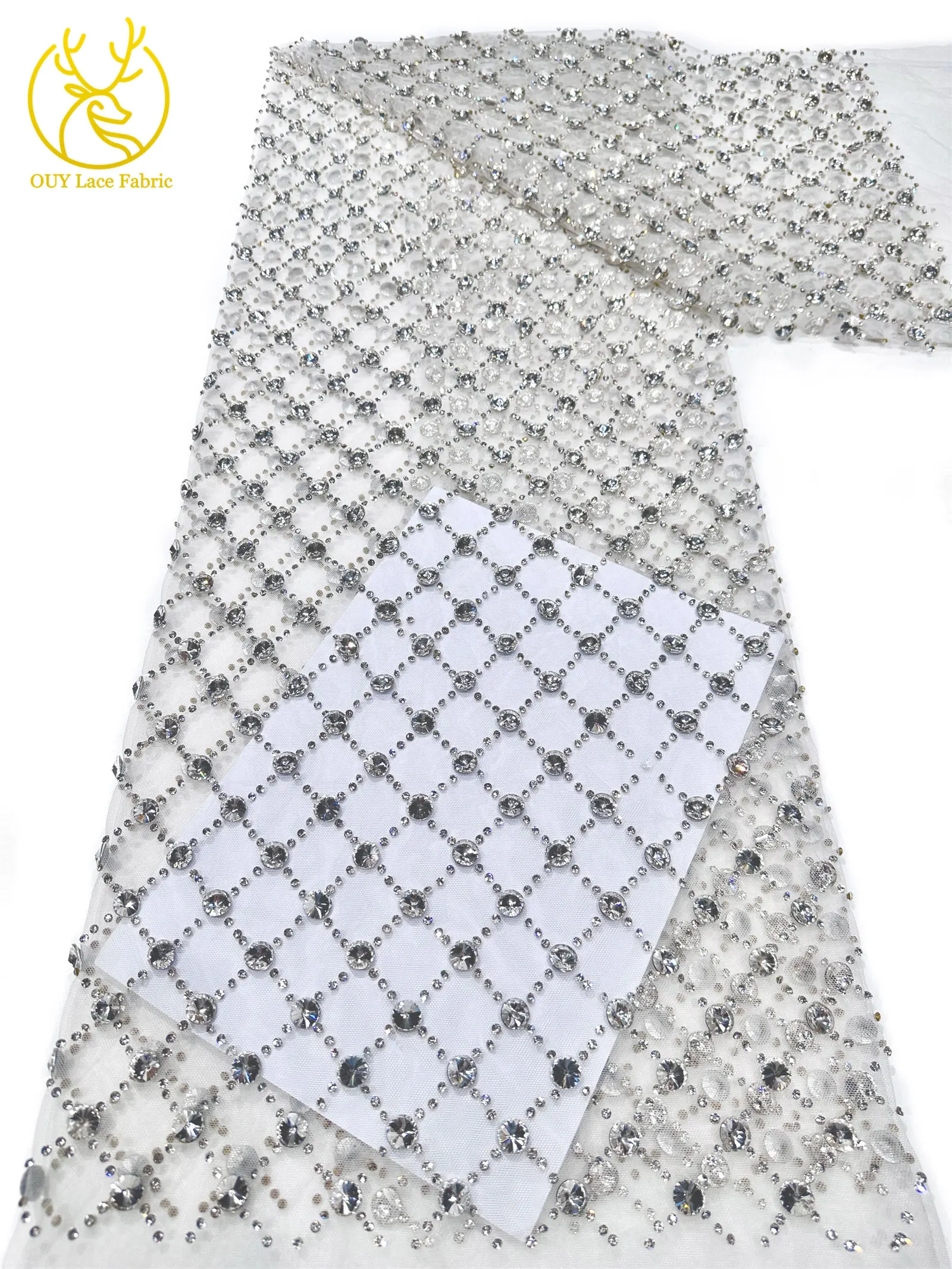 Hochwertiger, maßgefertigter, luxuriöser, handgefertigter Diamant-Mesh-Spitzenstoff 2026 – Afrikanischer Spitzenstoff, nigerianischer Stein-Tüll-Spitzenstoff für Partykleider zum Nähen – Detail 8
