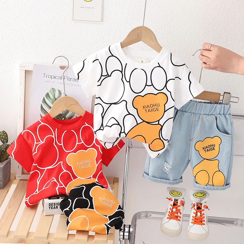 Summer Children Boys Girls Cotton Clothes Kids Cartoon Bear T-shirt + Shorts 2Pcs/Sets Toddler Tracksuit Infant Casual Outfits