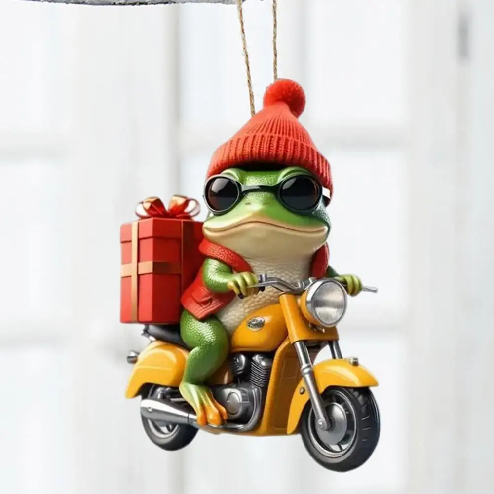 Unique Pendant Festive Christmas Frog Ornament Cartoon Frog Riding Motorcycle with Santa Hat Acrylic Xmas Tree for Window