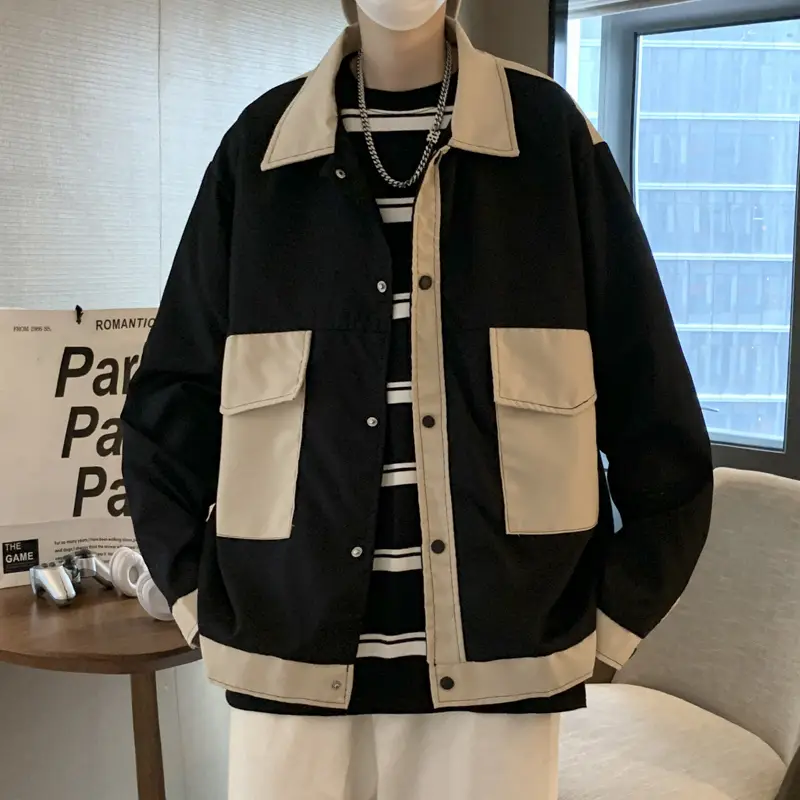 Winter Patchwork Spliced Men Jackets Male Ins High Street Leisure Coat Handsome Vibe Ins Chic Turn Down Collar Windbreaker - Image 3