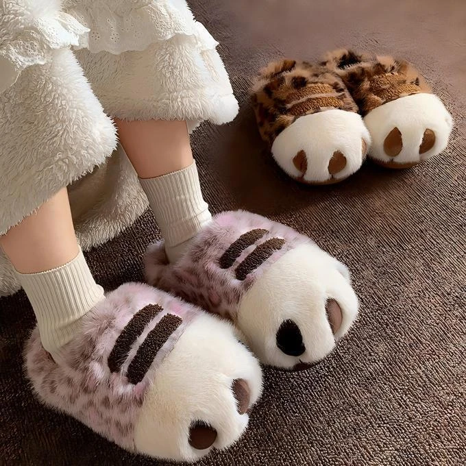 2026 Newly Leopard Print Kitty Slippers Women Designer Animal Paw Home Shoes Ladies Non-slip Soft Fluffy Warm Cat Slippers