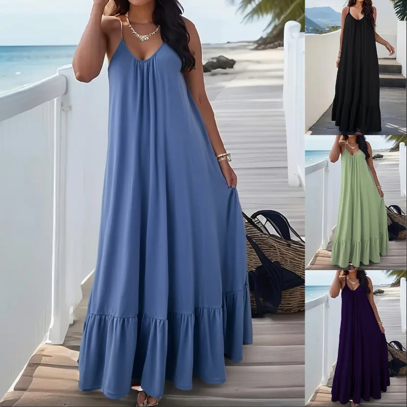 Summer Dresses 2026 New Solid Color Spaghetti Strap Maxi Dress Women V Neck For Beach Party Resort Daily Matching Outfit
