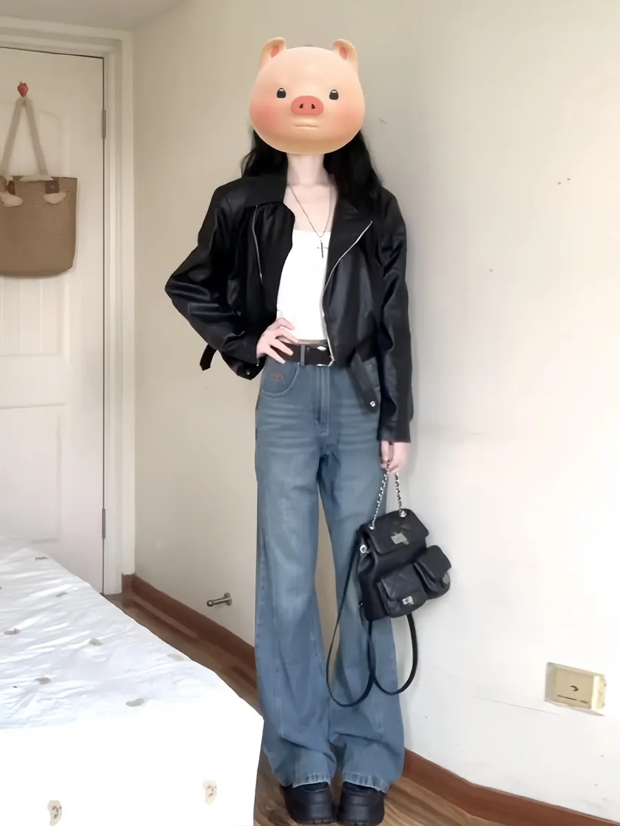 

Черная куртка из искусственной кожи в стиле ретро, мотоциклетная, женская, винтажная, в гонконгском стиле, стеганая, на молнии, прямого кроя