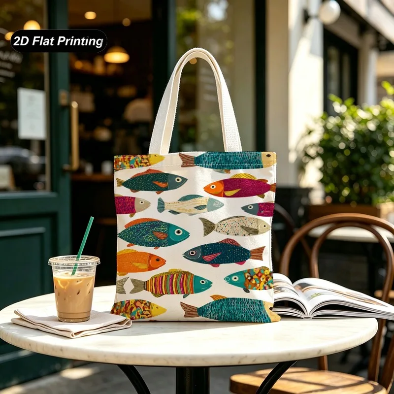 1PC【Tote Bag】2D Flat Effect，Childlike And Colorful Fish Print Tote Bag，Lightweight And Large Capacity，Adapted Shopping、Outdo