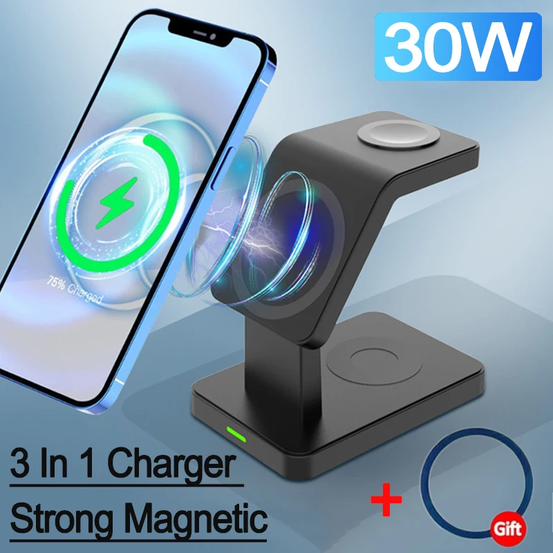 30W Magnetic Wireless Charger Stand 3 in 1 Fast Charging Dock Station For iPhone 15 14 13 12 Pro Max Apple Watch 8 7 Airpods Pro