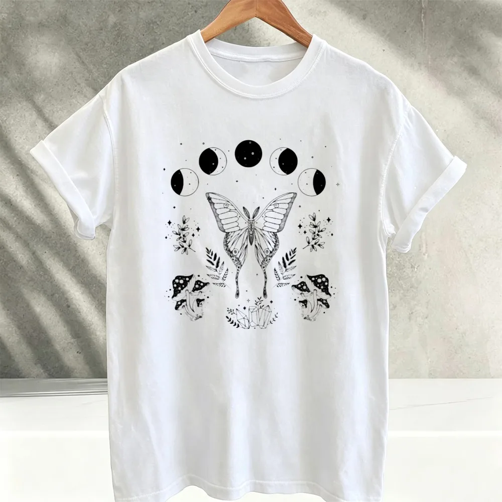 Vintage Moth Moon Phase Mushroom Botanical Graphic T‑Shirt Men Witchy Celestial Lunar Cycle Floral Insect Art Print Casual Tops