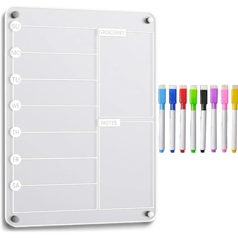 تقويم أسبوعي للثلاجة، مخطط أكريليك مغناطيسي شفاف قابل لإعادة الاستخدام مع علامات لقائمة تسوق البقالة ومخطط المهام #1