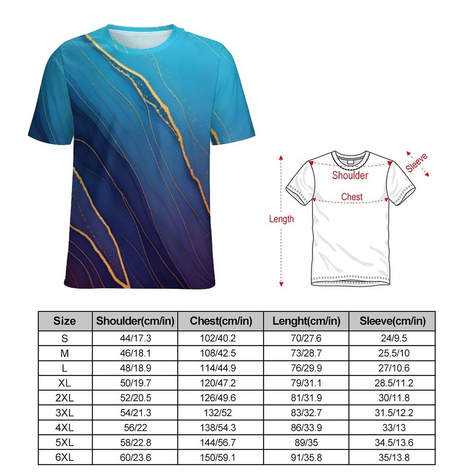 Blue Purple Gold Marble Art T-Shirt  Male Novelty T-Shirts Beach Graphic Tees Short Sleeves Streetwear Oversize Clothing Gift