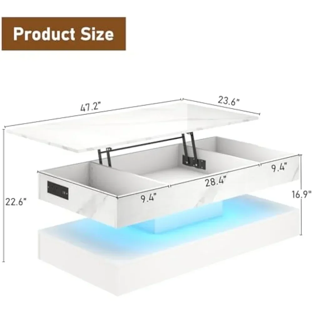 Mesa de centro grande com elevador de 47,2" com estação de carregamento, mesa central moderna de alto brilho LED com compartimento oculto de armazenamento