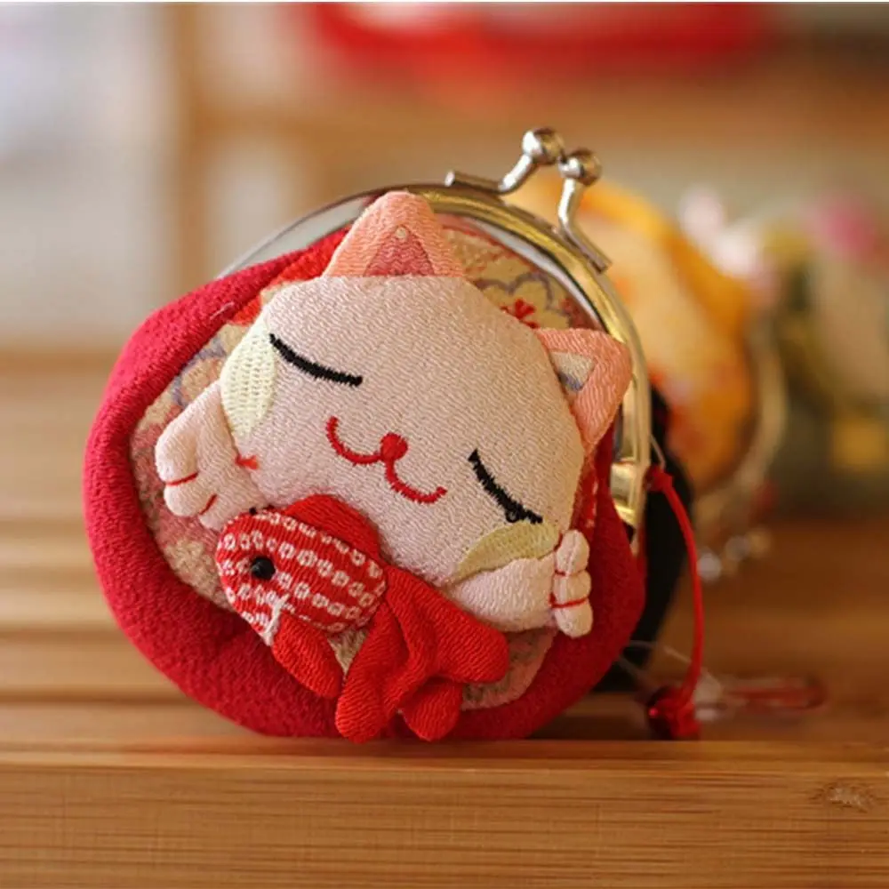 Fashion Design Japanese Style Maneki Neko Coin Purse Doll Flower Printing Lucky Cat Clutch Bag PU Storage Bag Card Holder Travel