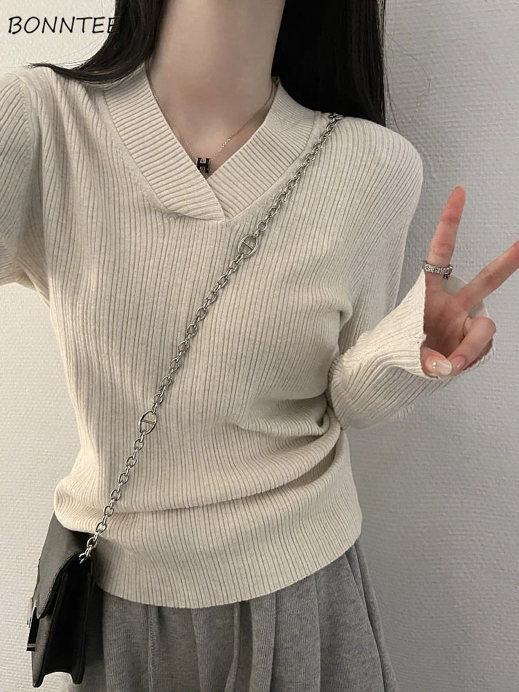 

Sweaters Women Knitting Simple Retro Elegant Tender All-match V-neck Design Korean Version Minimalist Solid Pullovers Harajuku