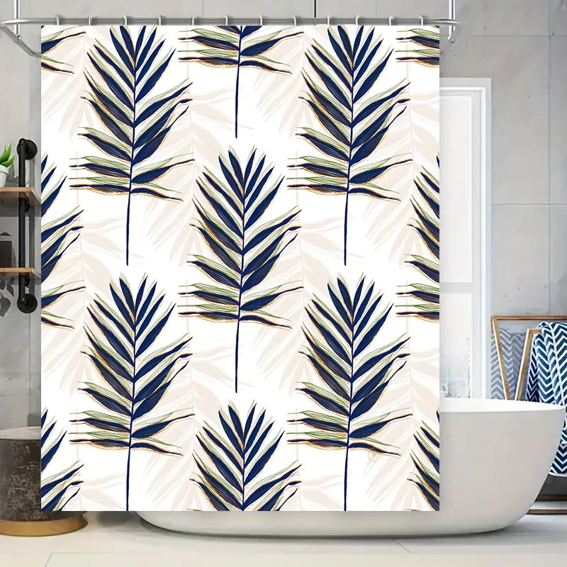 

Exotic Palm Leaves Shower Curtain Luxury Floral Bath Decor with Blue Stripes Design for Bathroom DecorationsSize: 180x180cm (Whi