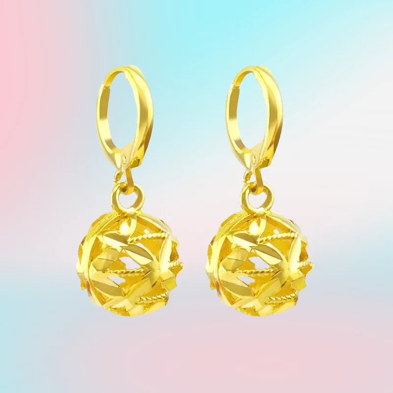 

new 9999 Real Gold 24K Japanese and Korean Fashion Women's Hydrangea Earrings Real Gold Ethnic Style Hollow Flower Ball Earrings