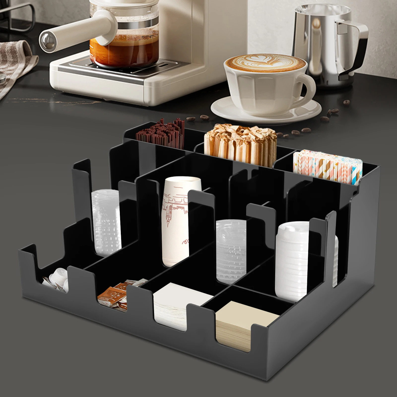 

12-Grid Paper Cup and Lid Organizer | Acrylic Condiment Sugar Storage for Kitchen Coffee Bar