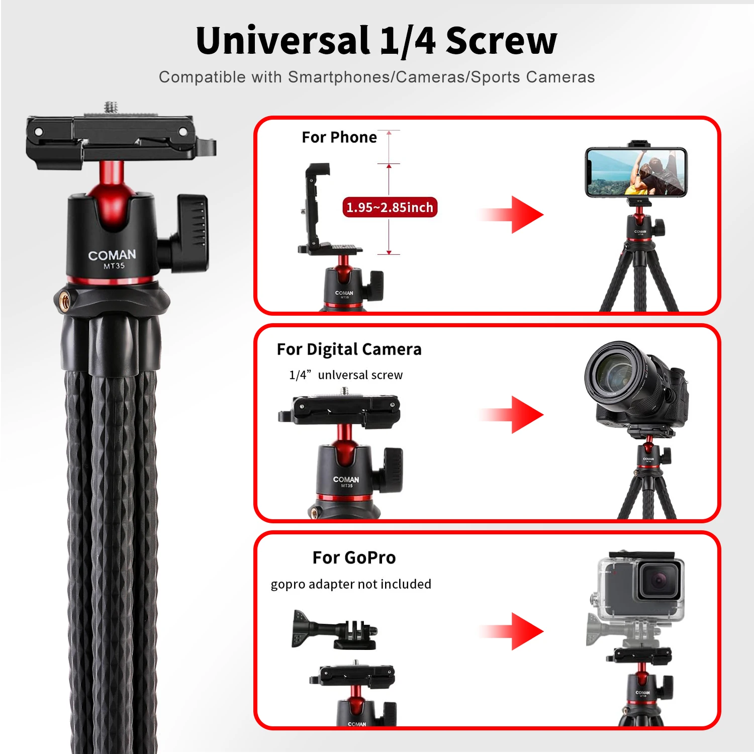 COMAN MT35 Flexible Octopus Tripod Phone DSLR Camera 2 in 1 Design Tripod With Phone Holder Side Cold Shoe 1/4'' Screw For Phone