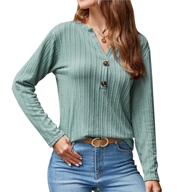 Solid Color Long Sleeve Top Casual T-shirt Autumn Elegant V-neck Button Knit Fried Dough Twists T-shirt Long Sleeve Top New 2024