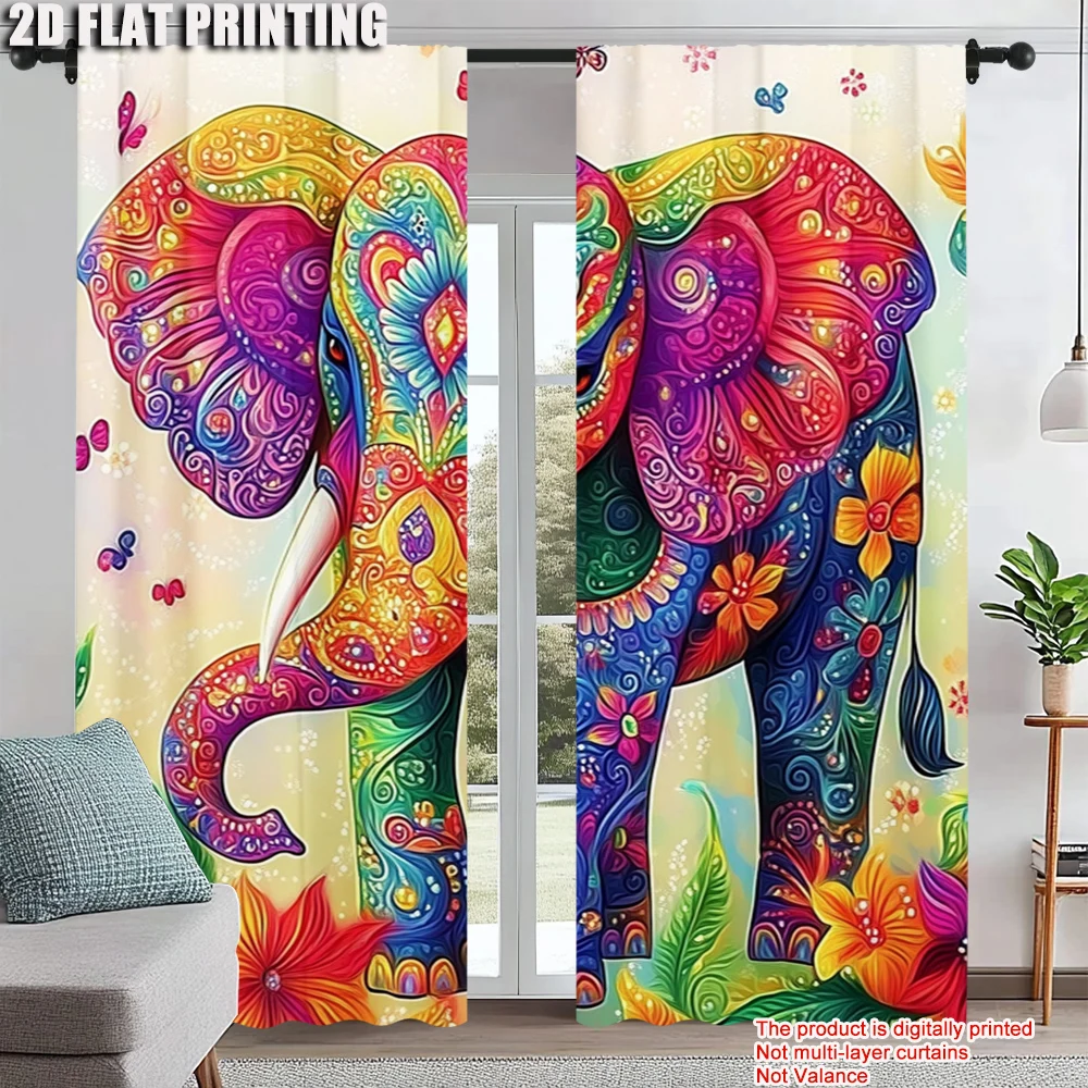 

2pc, Curtain Colorful elephants and flowers Versatile Polyester,Without Electricity Festive Backdrops Perfect for Home Use