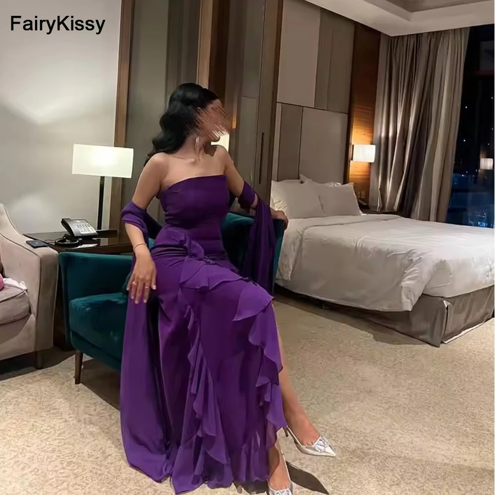 

FairyKissy Purple Chiffon Sleeveless Prom Dresses Strapless Floor Length Pleated Front Split Back Zipper Simple Evening Dresses