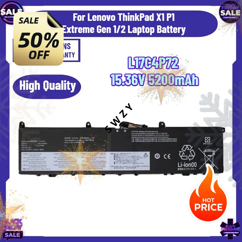 SWZY L17C4P72 15.36V 5200mAh 80Wh Laptop Battery For Lenovo ThinkPad X1 P1 Extreme Gen 1/2 Laptop Battery NEW