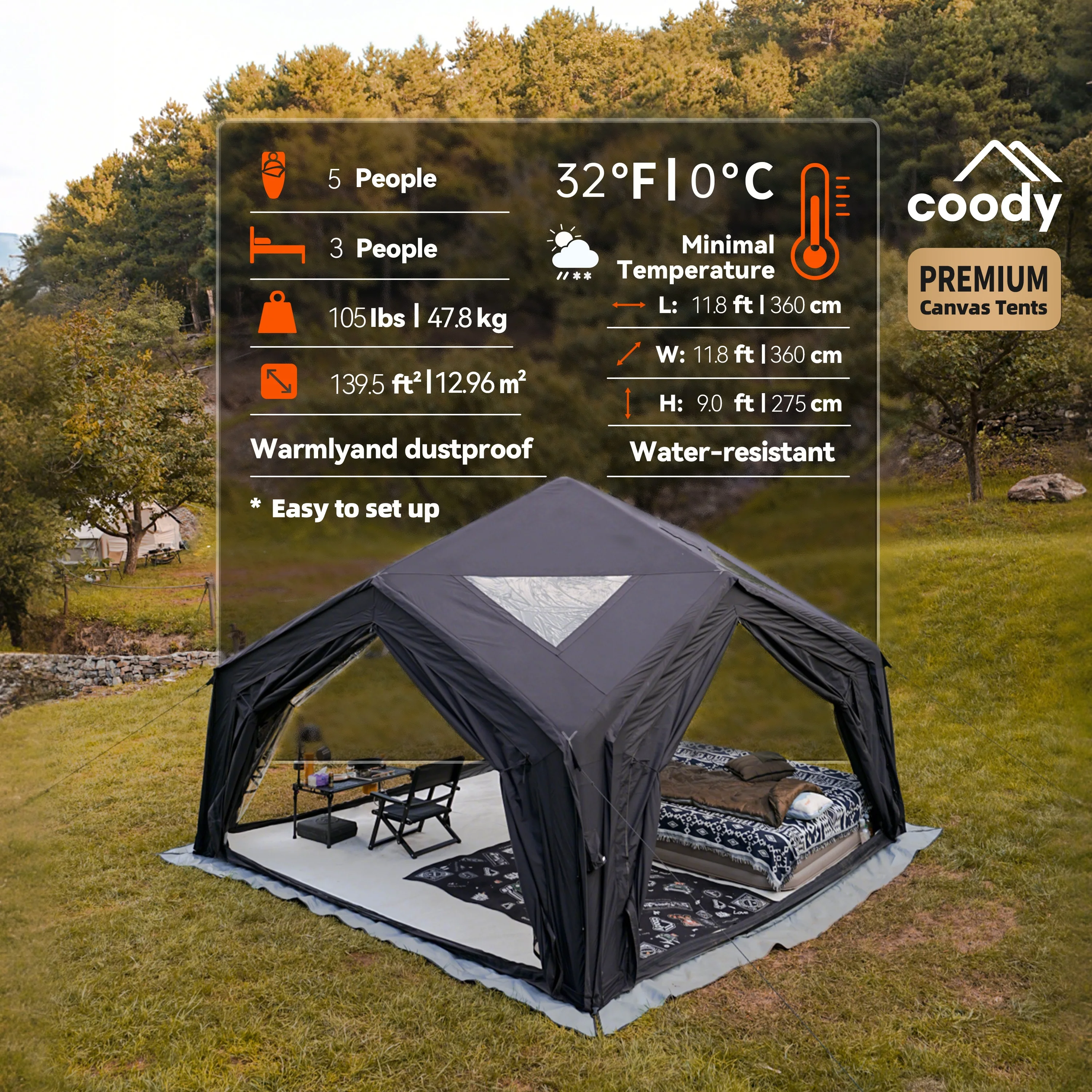 

Coody Hub Station Air Tent-Black 3-5 Person Portable Waterproof Outdoor Folding Travel Camping TentATV&UTV