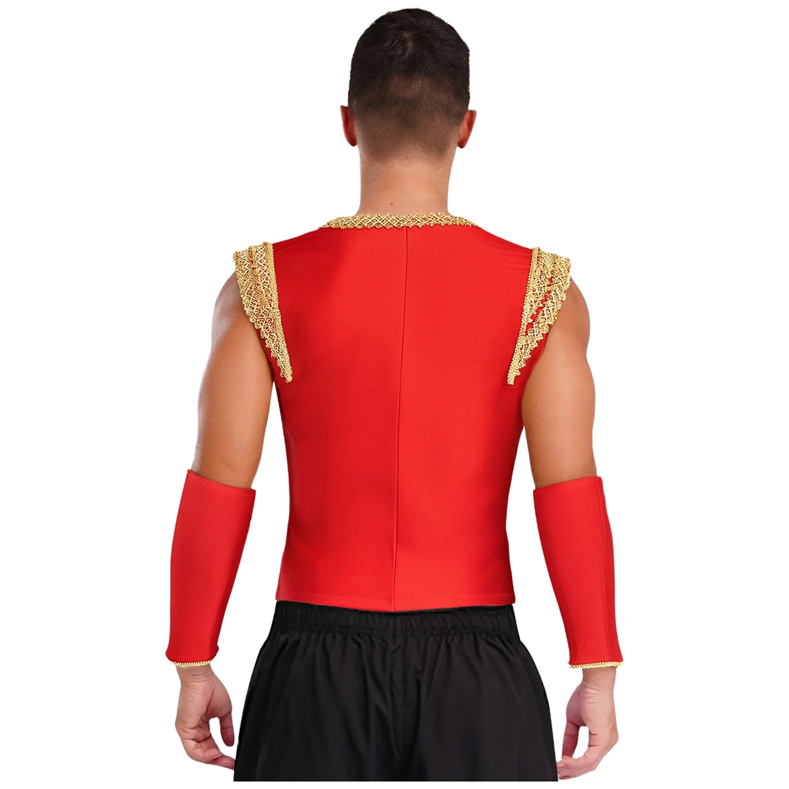 Mens Ballet Prince Dance Costume Sleeves V Neck Gold Trim Frog Button Vest Waistcoat with Sleeves for Halloween Medieval Cosplay