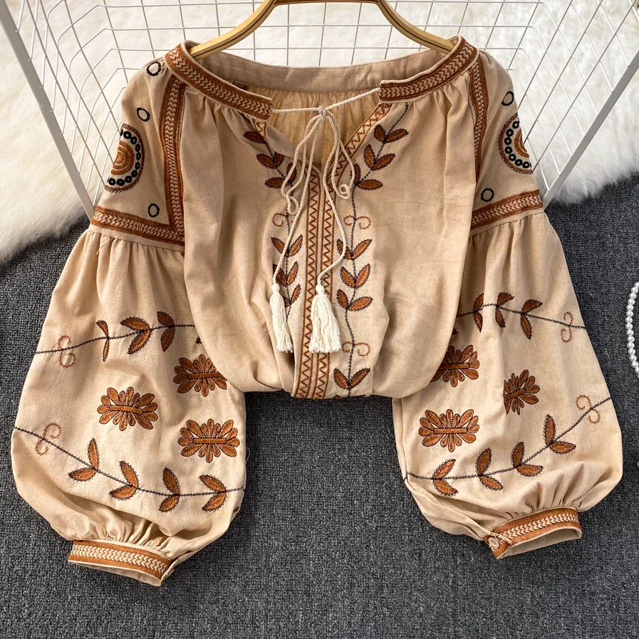 TEELYNN Vintage Long Sleeve Blouses Shirts Women Tops Casual Cotton Linen Floral Embroidery Loose Blouse Summer Boho Beach Blusa