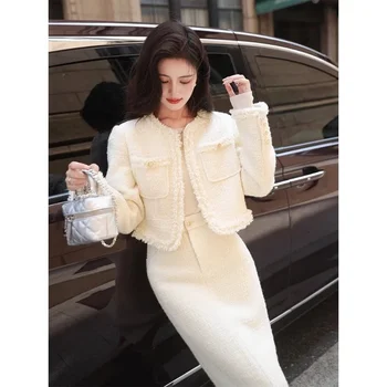 2025 Women's Winter Little Fragrance Short Tweed Blazers Skirt Set Vintage Solid Color Round Neck Tassel Jacket Two-piece Sets
