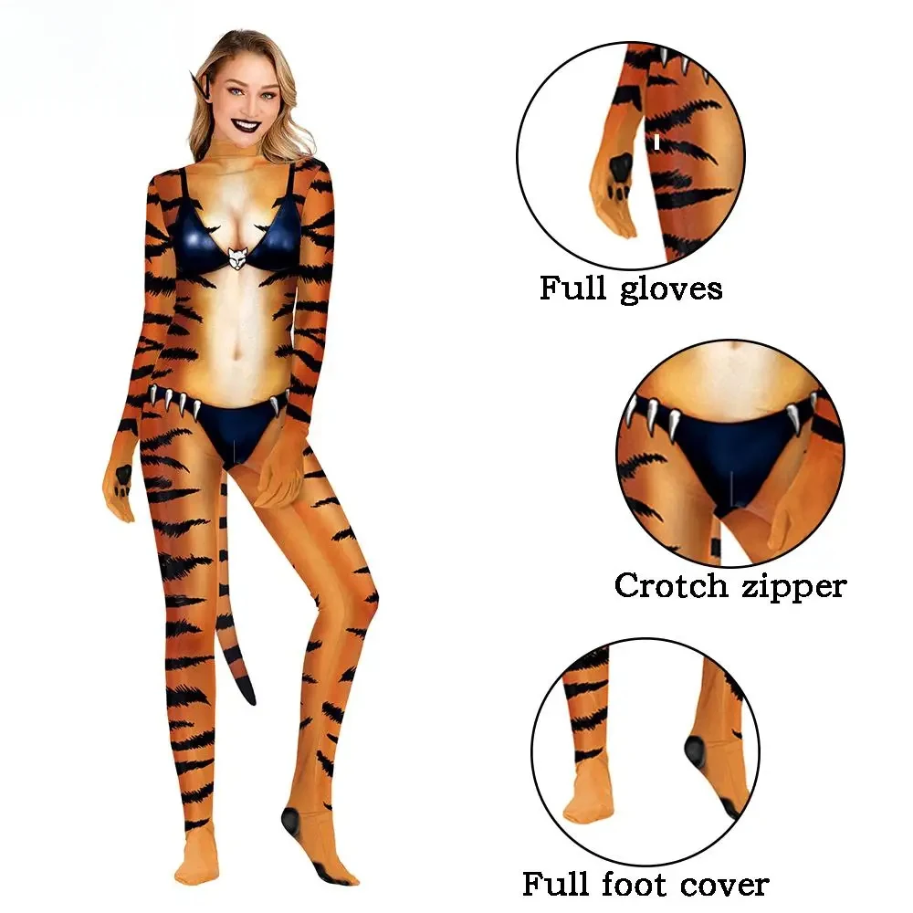 Kostium na Halloween dla mężczyzn 3D Leopard Print Cosplay Costume Funny Pet Animal Suits Adult Full Bodysuit Zentai Jumpsuit with Tail
